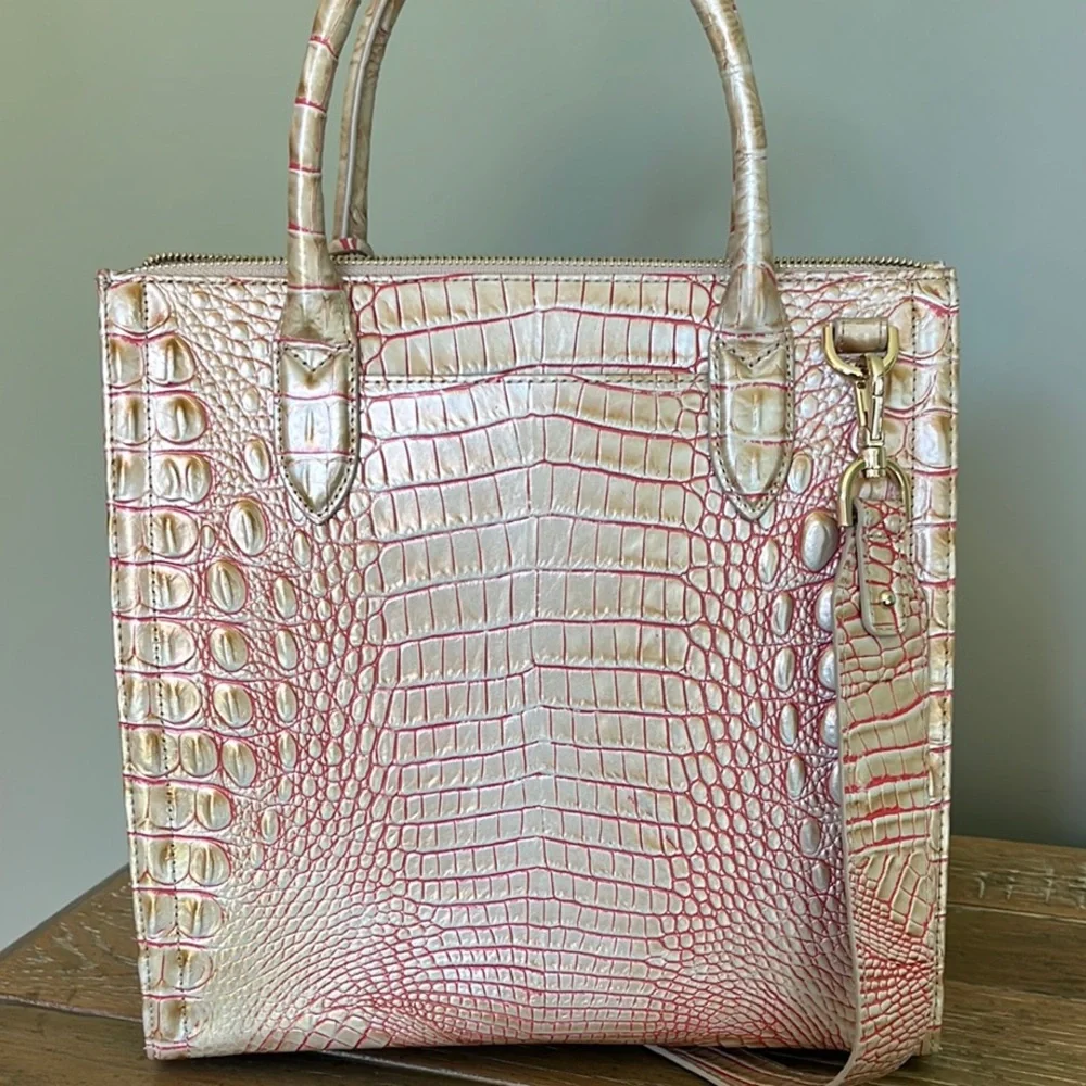 Brahmin Tan & Pink Embossed Satchel Bag - Picture 4 of 6